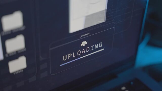 Close up on computer screen progress bar uploading files and docs to cloud. Stealing information from remote government agency server or archive. Top secret classified reports copying into folder