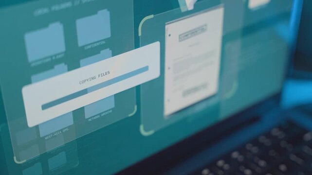 Progress bar copying top secret classified files from government server archive. Hacker spy stealing information and confidential documents remote access on laptop computer. Security breach break in