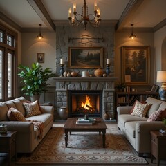 벽난로, 편안한 가구, 부드러운 조명이 있는 아늑한 거실