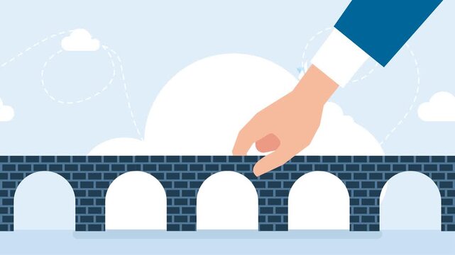 Businessman's hand in a suit completes a brick bridge, laying the missing piece of an arched bridge. Giant hand help business people cross the problem gap. Support, help, investment. 2d flat animation