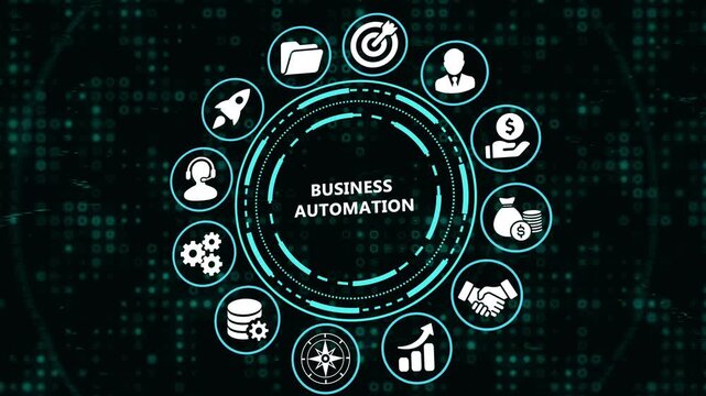 Modern digital graphic illustrating business automation concepts with icons representing strategy, growth, and efficiency in a circular flow against a dark, tech-patterned background.