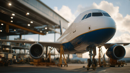In an airport maintenance area, a passenger jet under maintenance is lifted for inspection, revealing the meticulous work done by specialists to uphold the highest safety standards before it