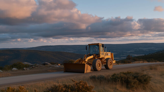 The paving machine is positioned along a rural road, replacing old pavement with fresh asphalt, highlighting the importance of roadway maintenance for safe travel in less populated areas. cinematic