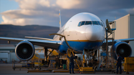 A passenger jet under maintenance is seen with open panels and certified mechanics checking vital systems, highlighting the essential processes involved in aircraft upkeep and adherence to aviation
