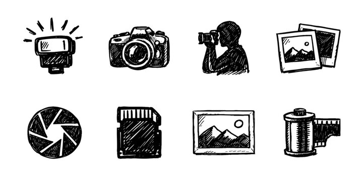 Photography tools sketch icon collection in black. Set of flash, camera, photographer, photos, aperture, memory card and film icons in doodle style