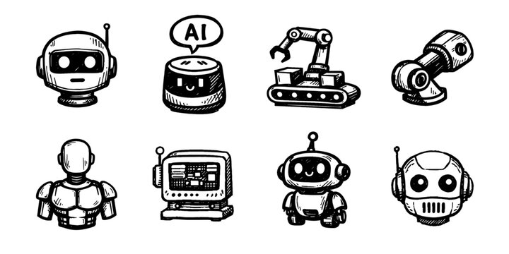 Robotics and automation sketch icon collection in black. Set of service robots, AI assistant, robotic arm, android body and machine control icons in doodle style