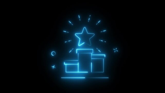 glowing Neon Reward Achievement Gift Box with Star Celebration Bonus Icon Animation on black background.4k motion video animation.