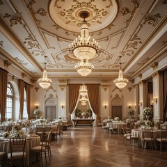 샹들리에와 화려한 장식이 있는 우아한 무도회장, 공식 행사 준비 완료