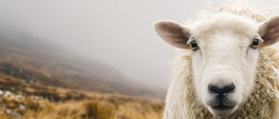 Portrait of a sheep in a foggy rural panorama landscape with dry dark yellow grass