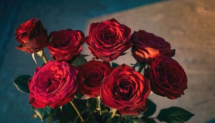 Obraz premium Roses arranged in a bouquet on a table with light shining on them in a simple setting