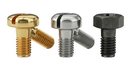 3d rendered image of three bolts in different metallic finishes isolated on transparent background