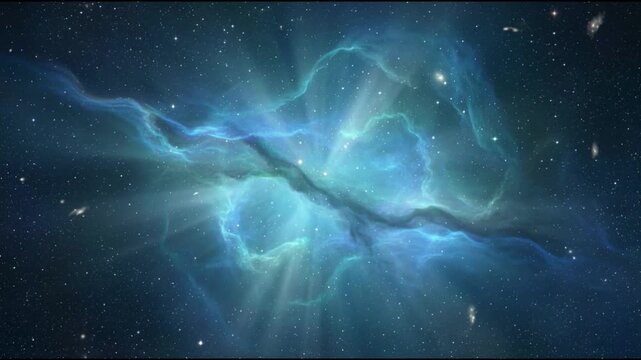 Nebula clouds glow softly with turquoise teal and cyan gas flowing organically through dense star fields creating calm cinematic depth and seamless looping motion