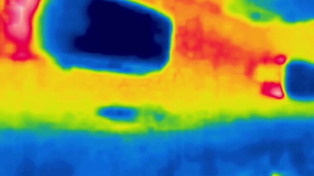 A car on the highway. Traffic on a multi-lane highway, top view. Image from thermal imager device. Vertical Video