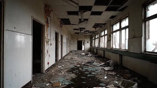 Abandoned hospital corridor with debris and broken windows, evoking decay and mystery.