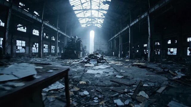 Abandoned factory interior with industrial machinery and scattered documents in derelict building, showcasing destruction and decay.