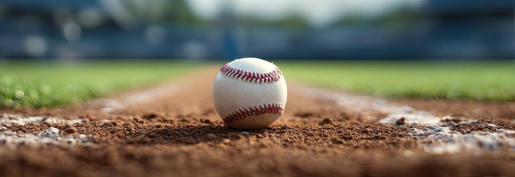 Close-up of a baseball at home plate with the field and a blurred out stadium in the background