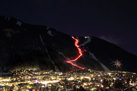 Telluride Colorado in winter during the torchlight parade skiing