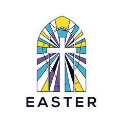 A stylized stained glass window with a white cross and "easter" text, celebrating faith and spring