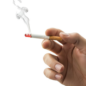 A human hand holding a lit cigarette with smoke rising from it isolated on transparent background