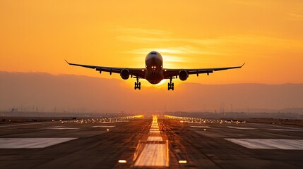 Fototapeta premium Airplane landing against a colorful sunset sky
