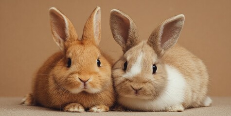 Obraz premium Two fluffy bunnies, one orange and one beige with white, sitting together on a simple backdrop