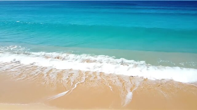 Gentle ocean waves wash onto a serene sandy beach under a clear sky.