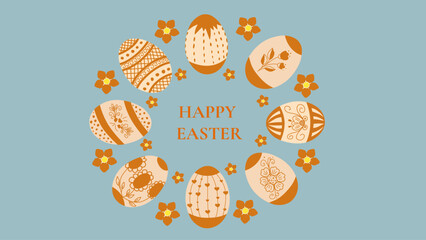 Fototapeta premium Elegant Easter banner with decorative egg wreath and Happy Easter lettering. Symmetrical spring design for greeting cards, posters and seasonal branding.