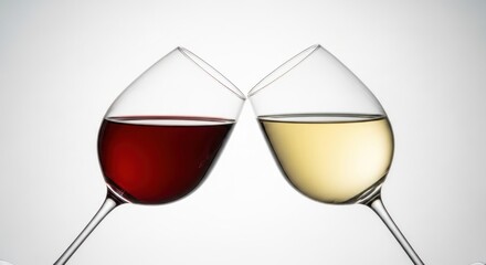 Two glasses of red and white wine touch in celebration during a gathering