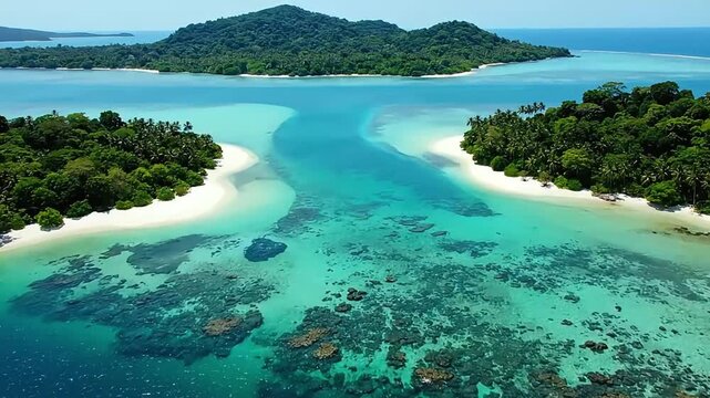 Serene tropical islands with crystal clear turquoise waters and vibrant coral reefs.