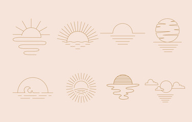 Minimal sunset line art icon in boho style with minimal Celestial Vector Collection
