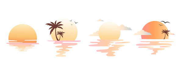 Minimal gradient Sunset Sun Reflection Over Sea Vector Icon Set