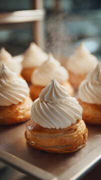 Artisan Baked Cream Puffs with Delicate Whipped Cream Topping, Steaming Warm and Delicious, Captured with Cinematic Lighting and 4K Detail