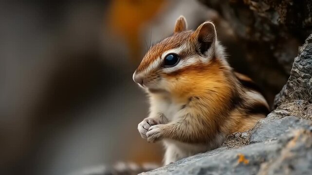 Close up of a chipmunk resting on rock surface with soft focus background