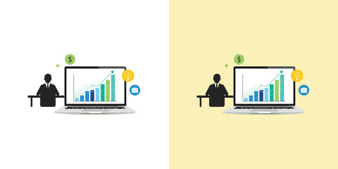 Business professionals analyzing bar graphs on laptops in a modern office setting from a straightforward viewpoint