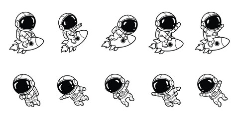 Cartoon astronaut bundle with flying riding rocket and floating poses outline illustration © MDOmar