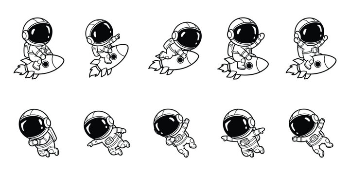 Cartoon astronaut bundle with flying riding rocket and floating poses outline illustration