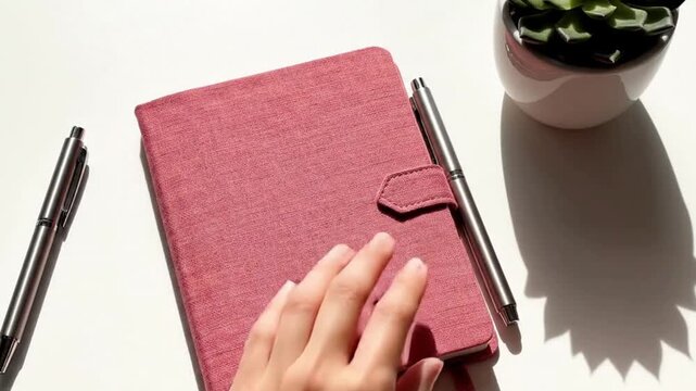 A pink notebook lies on a white surface with a hand holding a pen above it next to another pen and a small plant