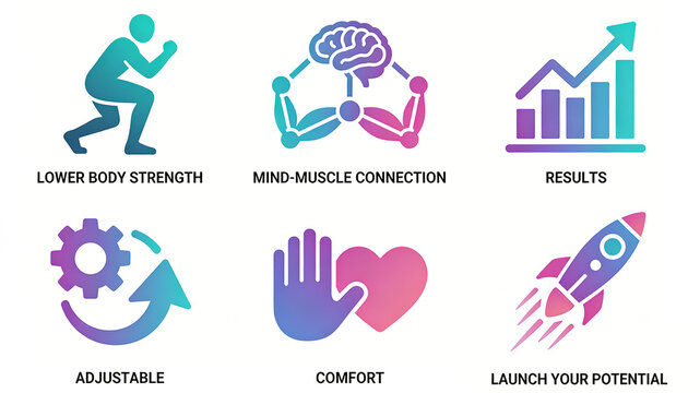 The combination of lower limb strength and comfort icons represents lower limb strength, body mind connection, adjustability, and comfort, suitable for sports and fitness scenarios.
