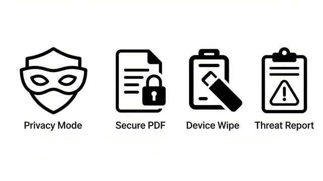 The combination of privacy mode and threat report icons represents privacy mode, encrypted PDF, device erasure, and threat report, suitable for security protection scenarios.

