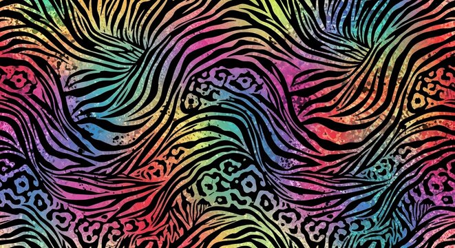 Colorful rainbow zebra and leopard hybrid pattern. Psychedelic neon animal print design. Vibrant multi color tiger stripes and rosettes for artistic fashion