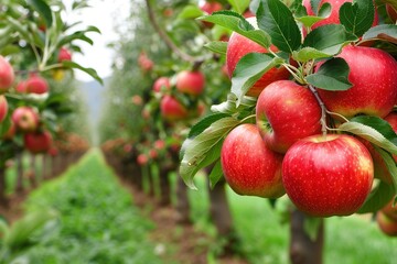 Ripe red hanging on tree branch in orchard