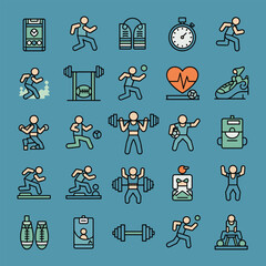 Fototapeta premium Various fitness activities and exercises illustrated in a grid layout with simple icons and monochromatic colors