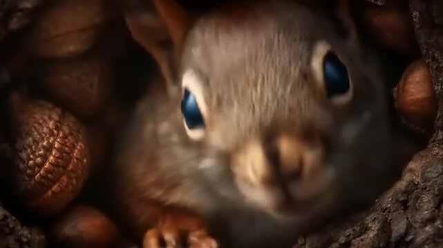 Close up of a squirrel inside a tree hollow with multiple nuts visible