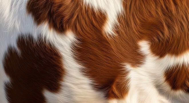 Brown and white cow hide fur texture. Organic farm animal pelt for rustic decor and leather industry. Close up of patches on cattle skin for background.