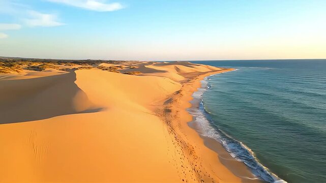 Expansive golden sand dunes meet the turquoise ocean under a clear blue sky.