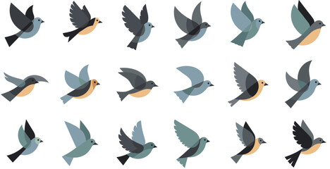 Fototapeta premium Set of minimalist flying bird icons in flat design style with various wing positions for nature conservation and freedom concept vector illustration