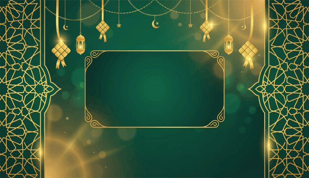 Islamic Green and Gold Greeting Background with Ketupat, Lanterns, and Elegant Arabesque Frames