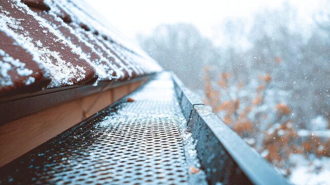 Elegant photo of Close-up of a snow-covered roof gutter during a snowfall, with a blurred background of trees and falling snowflakes. .Made Genarative AI