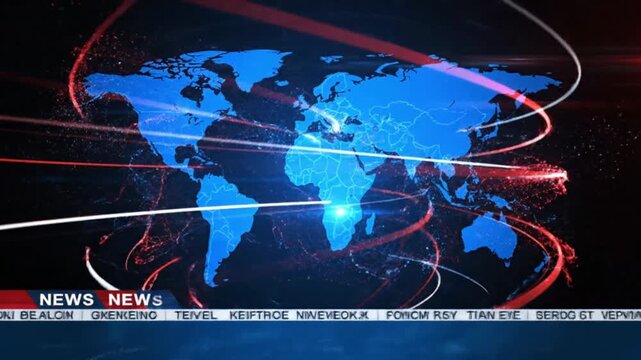 Dynamic news broadcast graphic showing a rotating blue globe map at the center, encircled by sweeping red and white motion lines, set against a black background, viewed from a frontal perspective