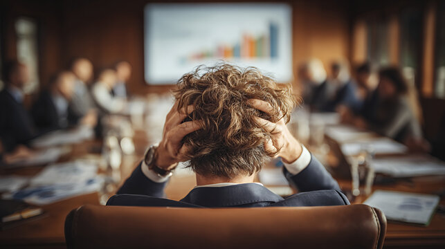 Stressed trader businessman meeting office anxiety crisis concept tense gesture worried focus corporate stress career pressure
